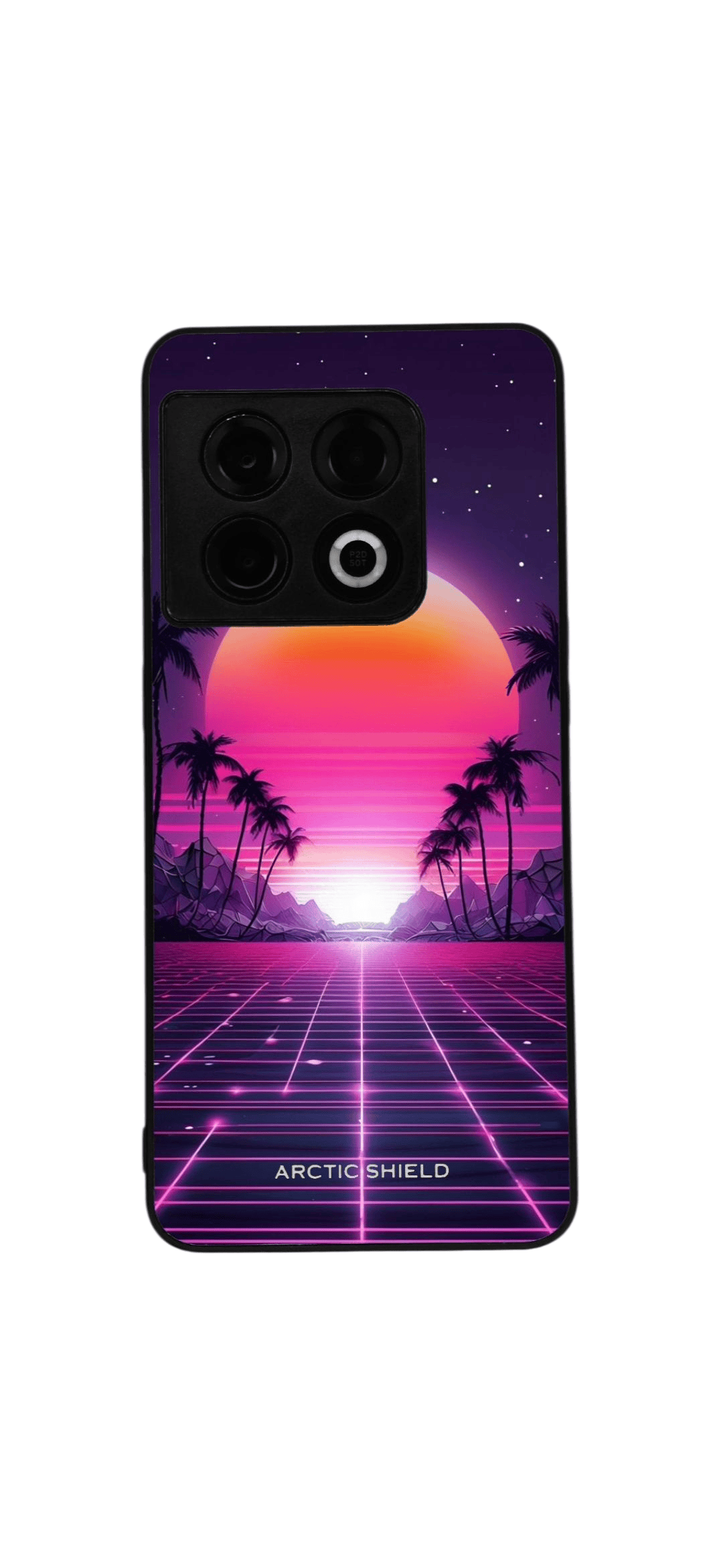 OnePlus 9 Pro Arctic Shield suojakuori – retrowave neon sunset palmuilla