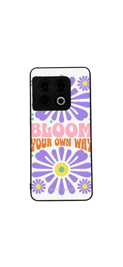 OnePlus 9 Pro kuori – värikäs retro kukkadesign ja inspiroiva teksti Bloom Your Own Way