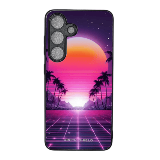 OnePlus Nord CE 5 suojakuori – Neonauringonlasku ja palmut, futuristinen Arctic Shield -design Suomesta