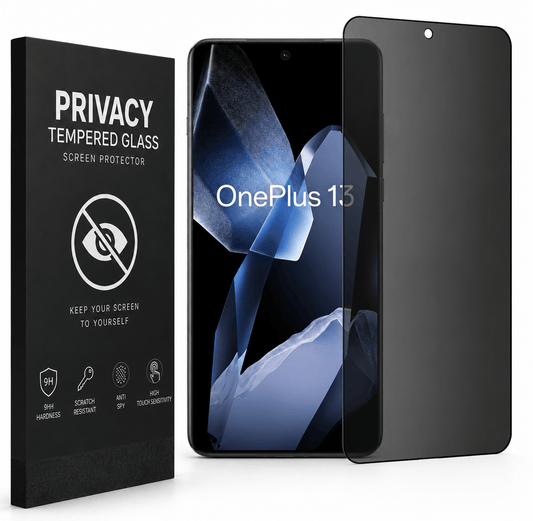 Privacy panssarilasi OnePlus 13 -puhelimeen mustalla suojalasilla ja tuotepakkauksella