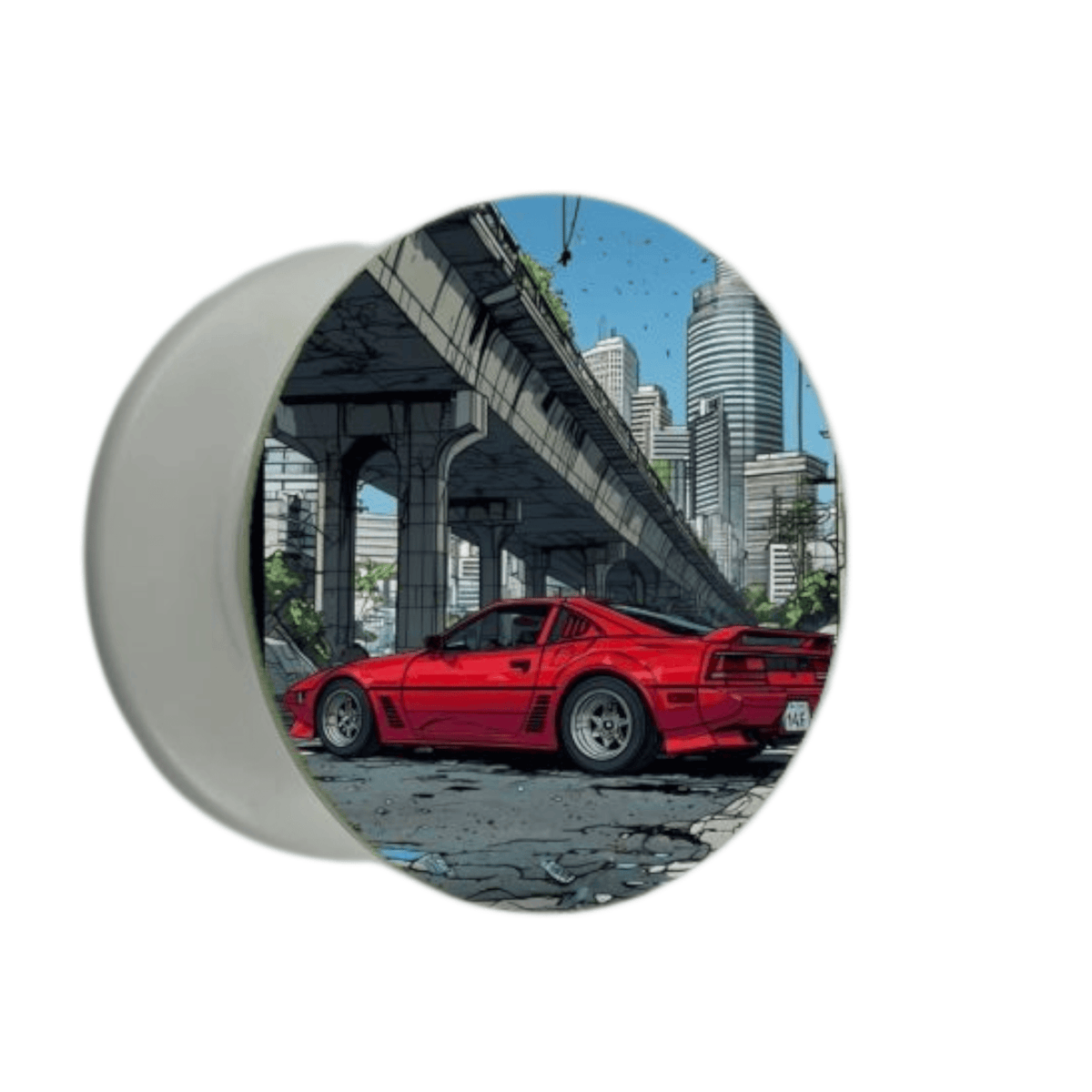 Puhelimen pidike Ø47 mm punainen auto kaupunkimaisema -kuosilla – mobiilikeuppa.com
