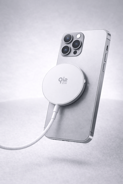 Qi2 laturi 25W hopea magneettinen langaton laturi kiinnittymässä iPhoneen
