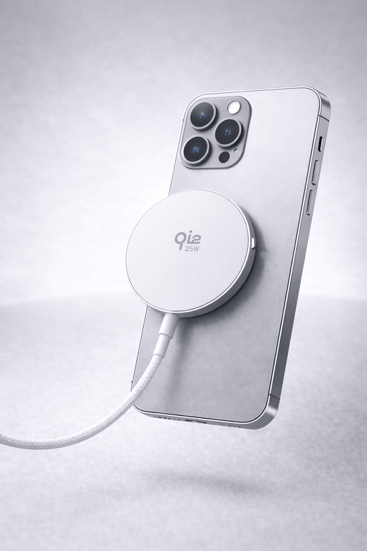 Qi2 laturi 25W hopea magneettinen langaton laturi kiinnittymässä iPhoneen