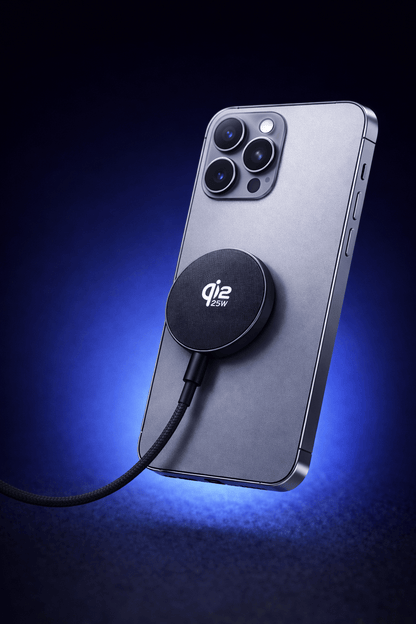Qi2 laturi 25W magneettinen langaton USB-C laturi kiinnitettynä iPhoneen