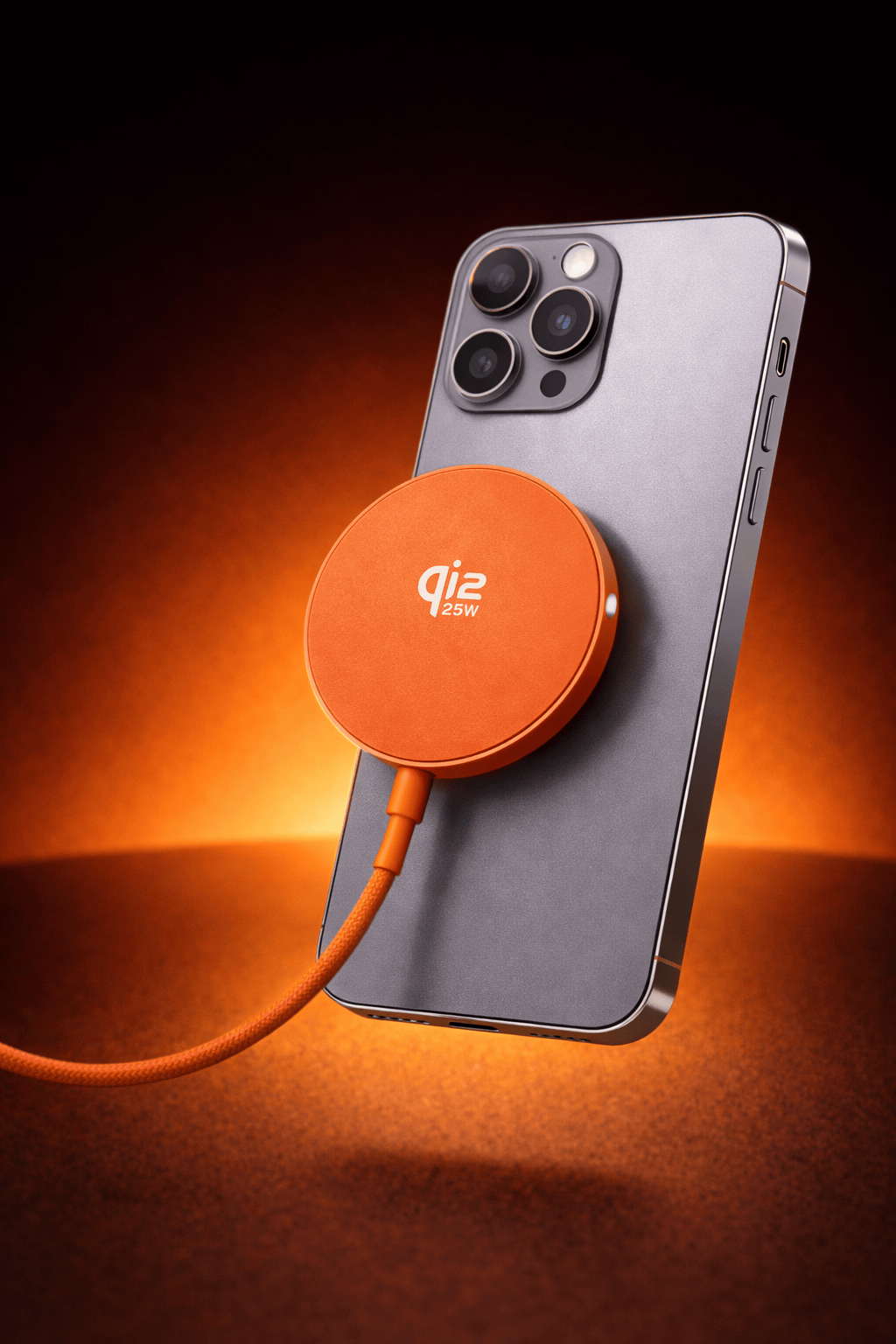 Qi2 laturi 25W oranssi magneettinen langaton laturi kiinnittymässä iPhoneen
