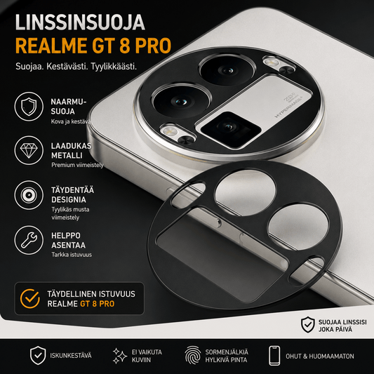 Realme GT 8 Pro linssinsuoja – kameran linssin suojalasi mustalla metallikehyksellä