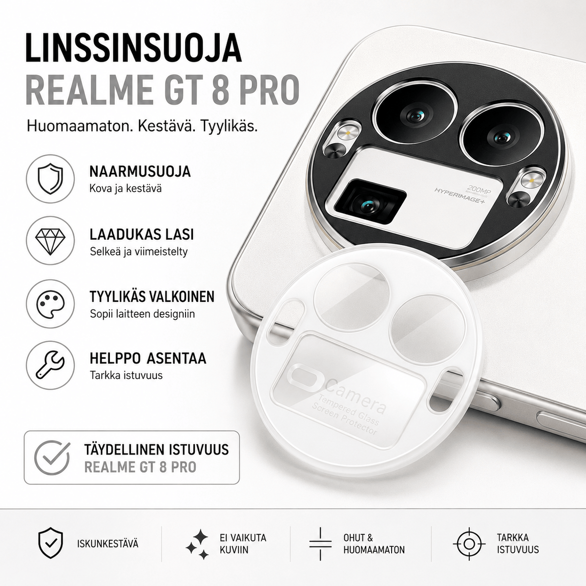 Realme GT 8 Pro valkoinen linssinsuoja – kameran linssin suojalasi