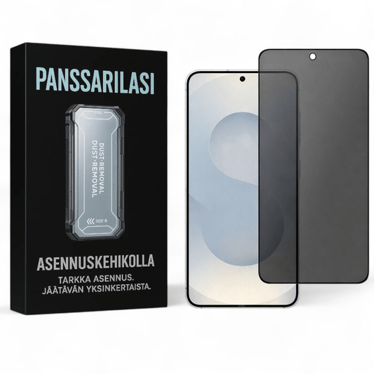 Samsung Galaxy S25 Ultra privacy-panssarilasi asennuskehikolla ja tummentuva näkymäsuoja