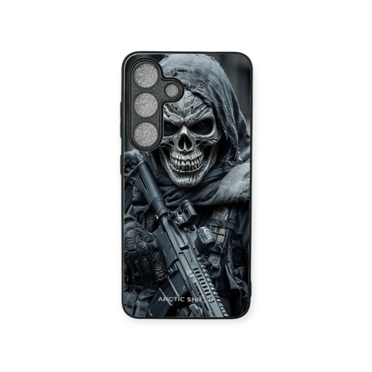 Samsung S24 suojakuori – Tummasävyinen pääkallo ja taistelija design, laadukas Arctic Shield -kuori

