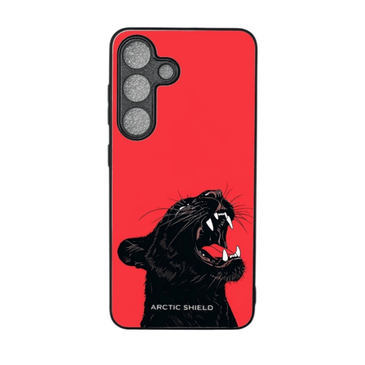 Samsung S24+ suojakuori – Musta pantteri punaisella taustalla, suojaava Arctic Shield -kuori