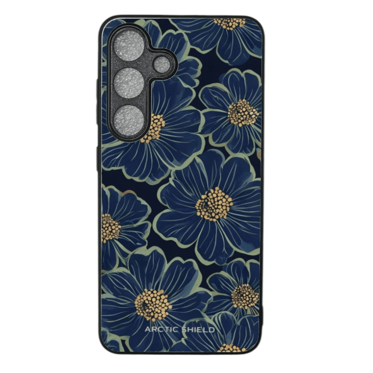 Samsung S24+ suojakuori – Tummansiniset kukat ja elegantti design, suojaava Arctic Shield -kuori