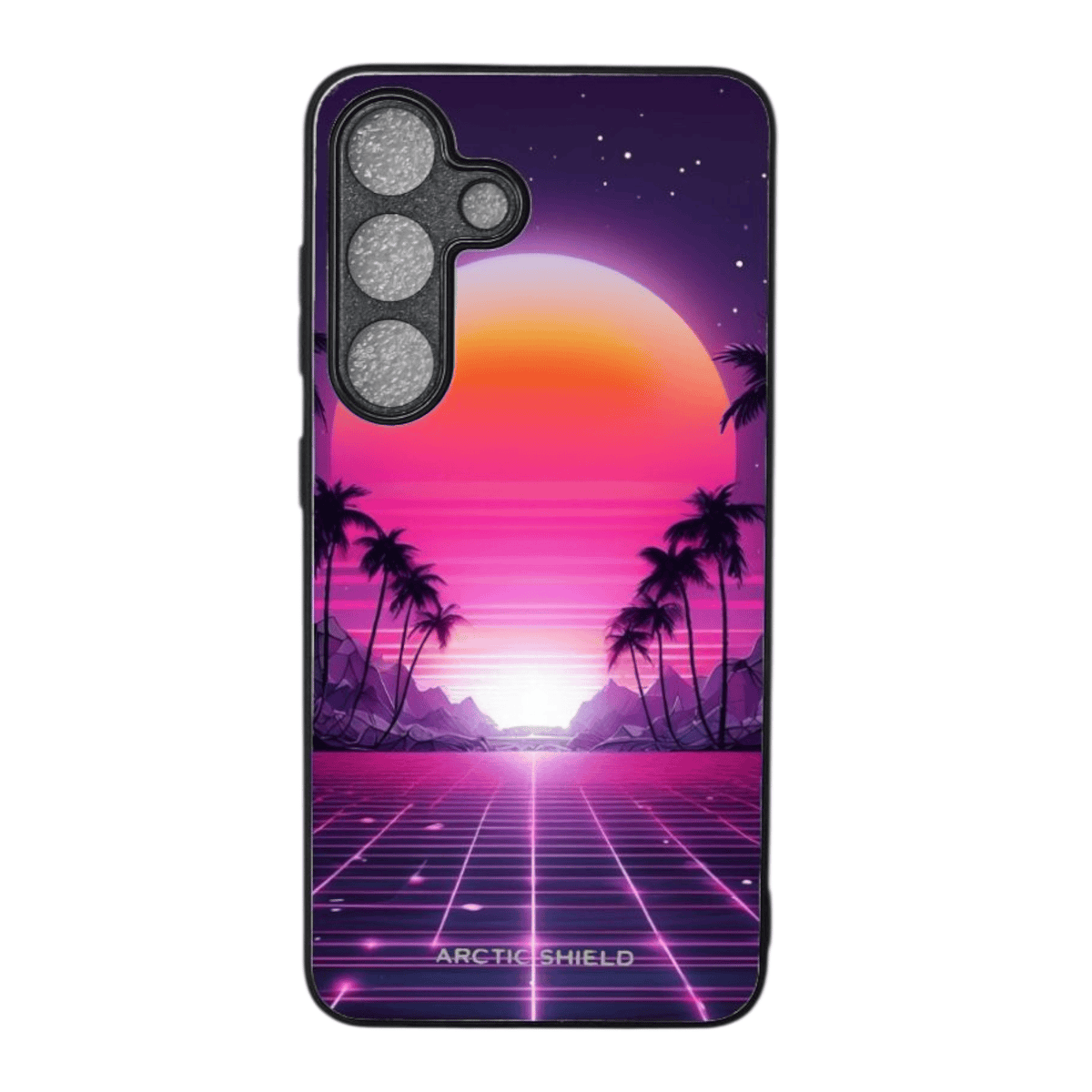 Samsung S25+ suojakuori – Neonauringonlasku ja palmut, futuristinen Arctic Shield -kuori